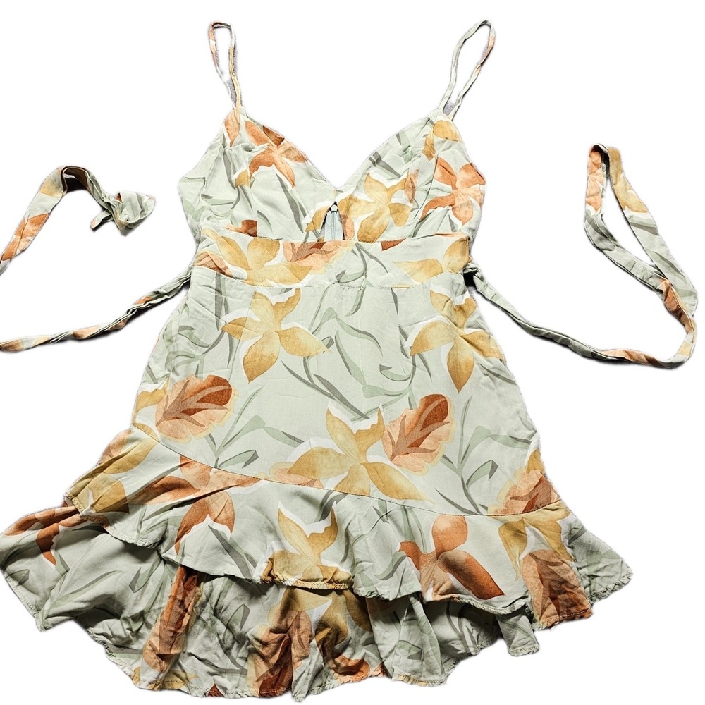 Farm Rio Ruffle Romper Womens Size M Sage Green Orange Tropical Floral Back Zip